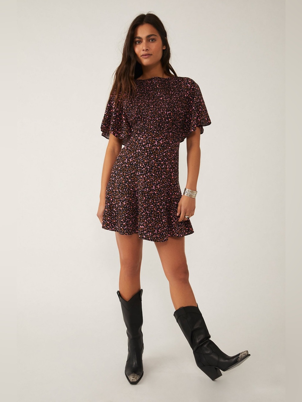 Free People Florence Black Pink FloralPrint Short Sleeve Mini Dress